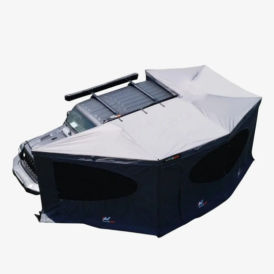 Naturnest Wall Shelf mounted on awning with outdoor gear organized on shelves