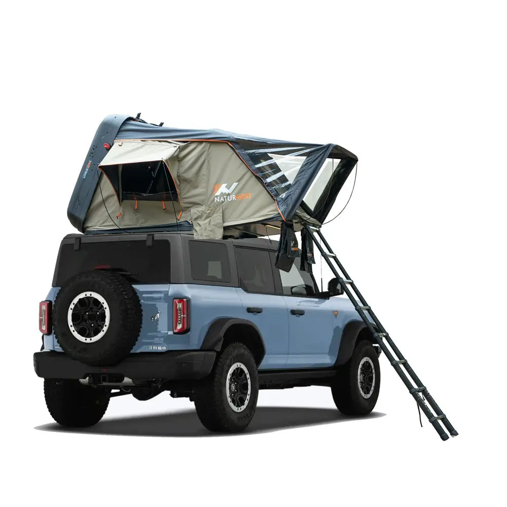 Naturnest Sirius 1 roof top tent mounted on vehicle with extended ladder and weather-resistant fabric