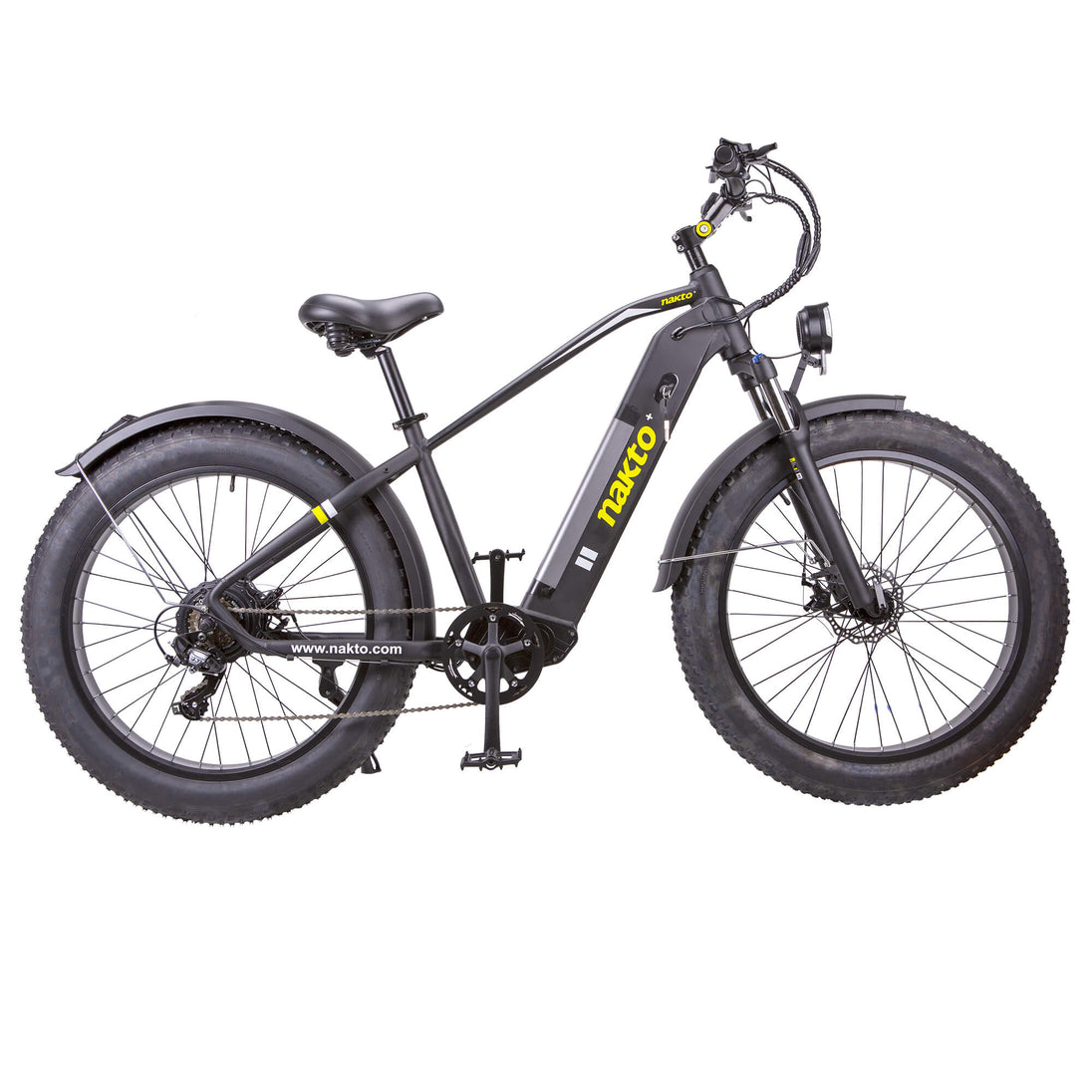 NAKTO F6 black fat tire electric bike with rugged 4-inch tires and powerful 750W motor on off-road terrain