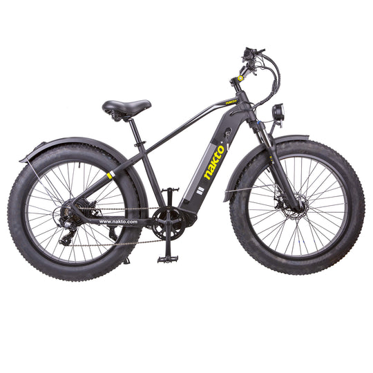 NAKTO F6 black fat tire electric bike with rugged 4-inch tires and powerful 750W motor on off-road terrain