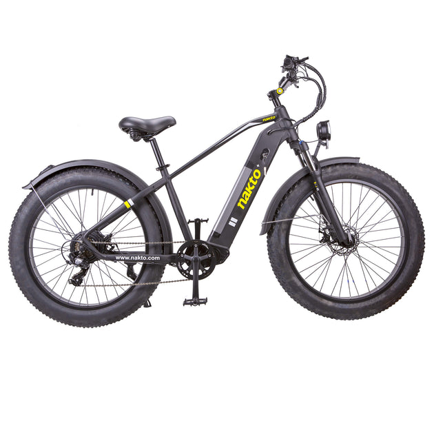 NAKTO F6 black fat tire electric bike with rugged 4-inch tires and powerful 750W motor on off-road terrain