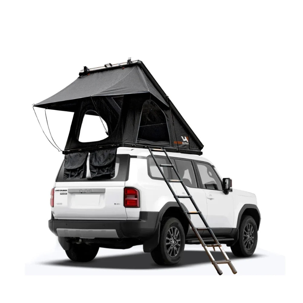 Naturnest Polaris Plus hard shell roof top tent mounted on vehicle with ladder extended