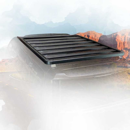 Overland Vehicle Systems Down Range Roof Rack installed on vehicle roof with minimalist steel frame design