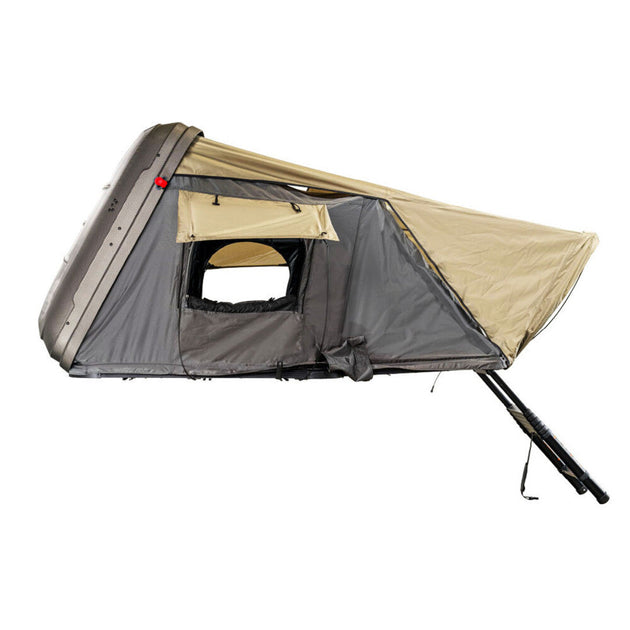 Overland Vehicle Systems HD Bundu Cantilever hard-shell roof top tent deployed on vehicle with ladder extended