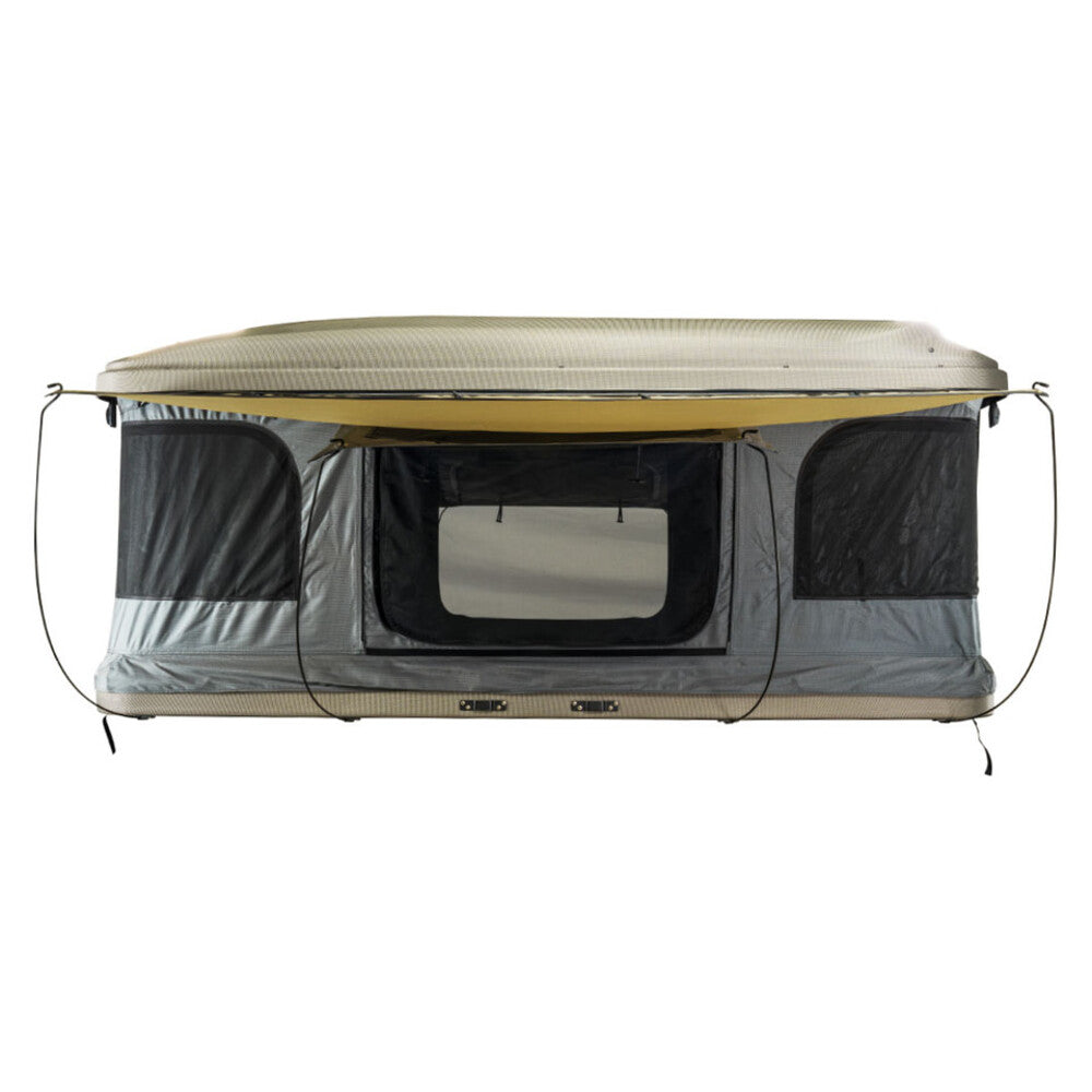 Overland Vehicle Systems HD Bundu hard shell roof top tent in grey with green rainfly, fully set up on vehicle roof