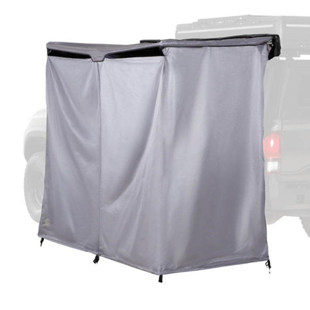 Overland HD Nomadic shower privacy room attached to vehicle side with mesh windows and durable fabric enclosure