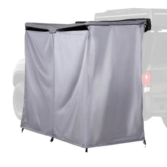 Overland HD Nomadic shower privacy room attached to vehicle side with mesh windows and durable fabric enclosure