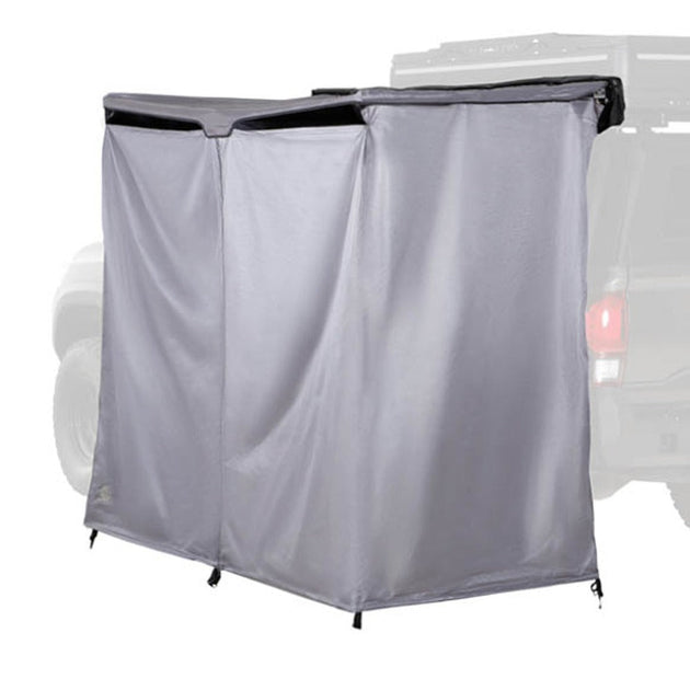 Overland HD Nomadic shower privacy room attached to vehicle side with mesh windows and durable fabric enclosure