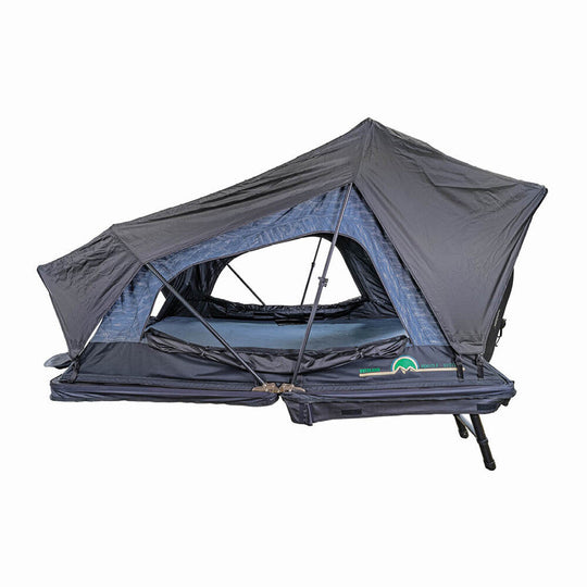Overland Vehicle Systems XD Sherpa soft shell roof top tent mounted on vehicle with coverless design and ladder extended